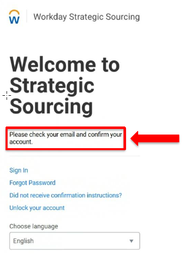 Screenshot of WDSS homepage. A red arrow points out the text, "Please check your email and confirm your account."