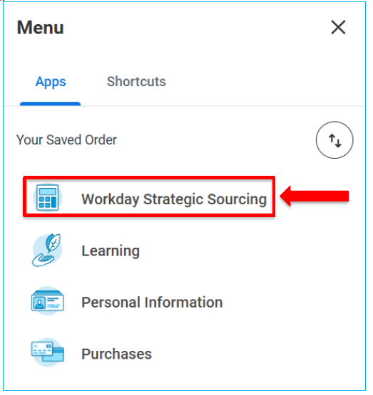 Screenshot of Workday Menu. A red arrow points out the line, "Workday Strategic Sourcing"