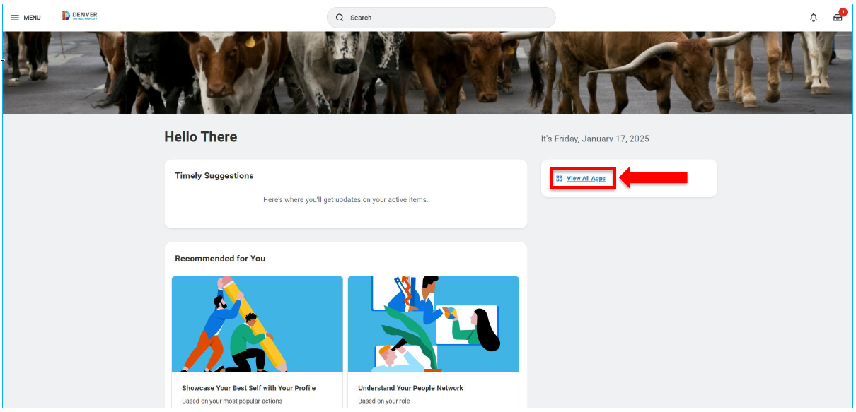 Screenshot of Workday homepage. A red arrow points out the link, "View All Apps"